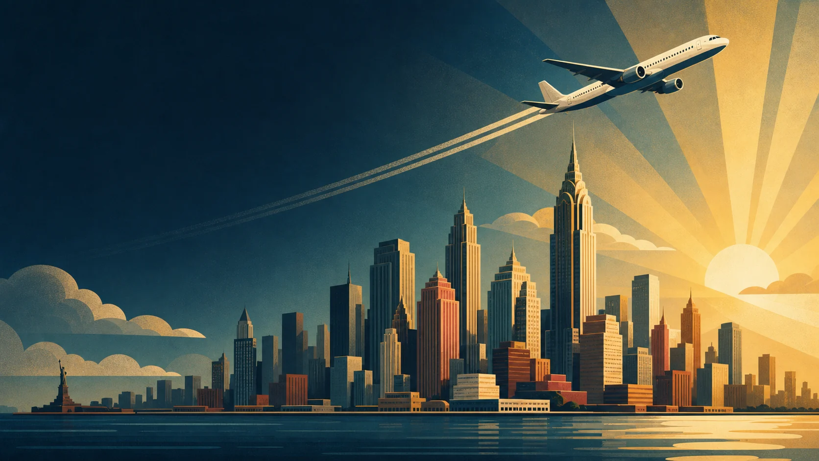 Original Art Deco aviation illustration of a passenger jet climbing through geometric sunrise rays above a golden-era terminal and skyline.